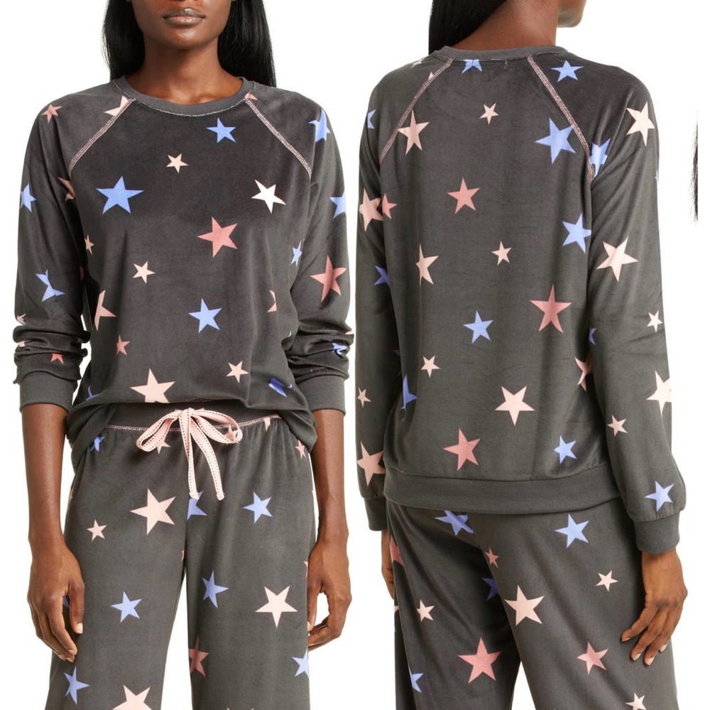NWT PJ Salvage Silky Velour Starry Sunset Print Top In Charcoal (Size L)